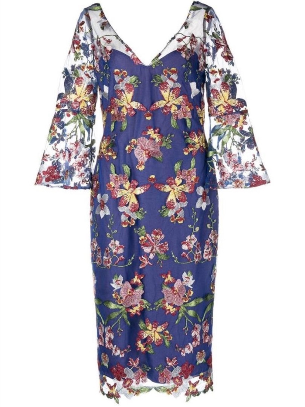 Marchesa Notte Blue Floral Embroidered Sleeve Size 12 Dress